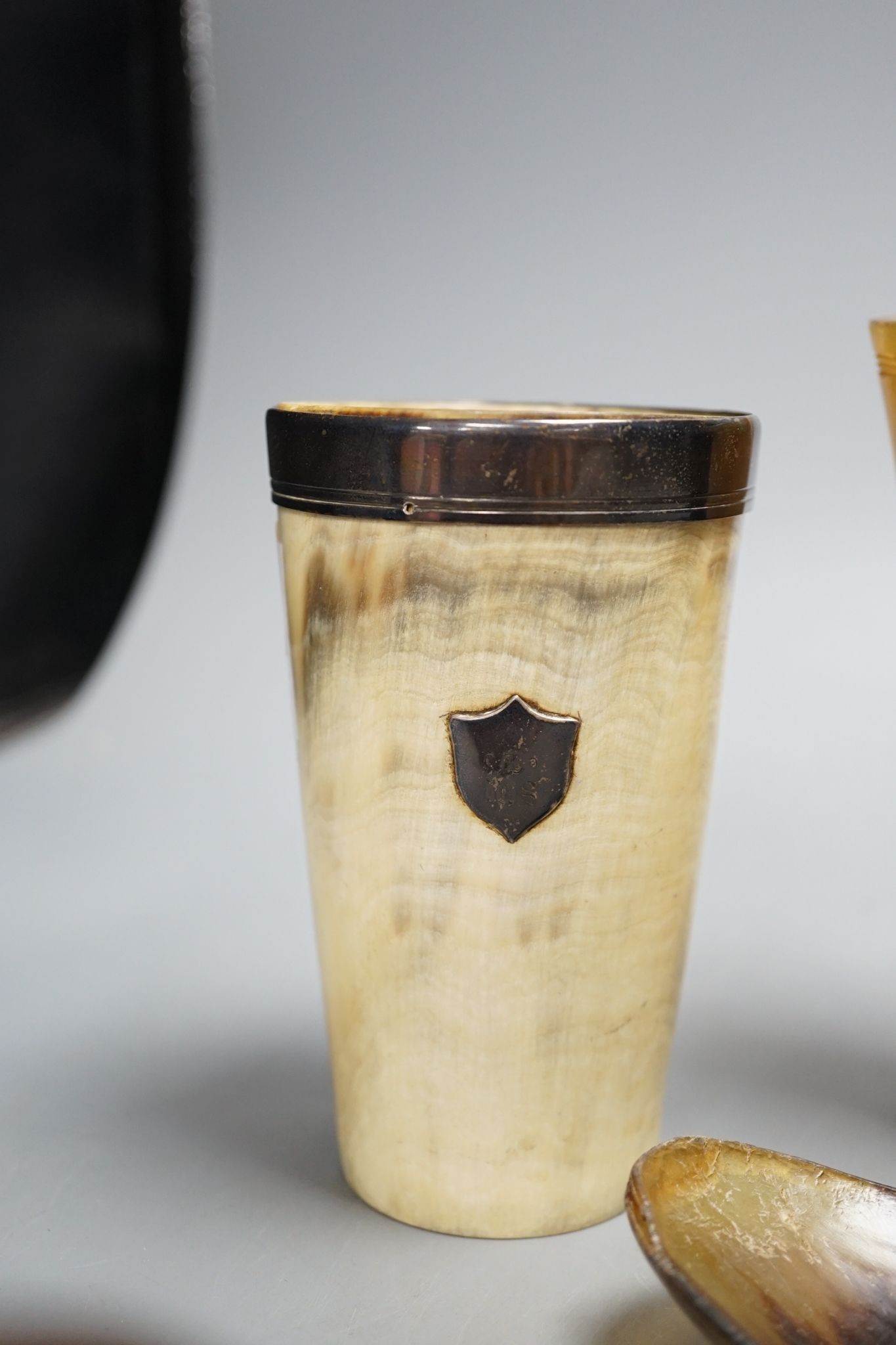 Two Chinese horn cups and three items of European horn